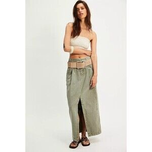 Free People Tybee Maxi Skirt Cargo A-Line Solid Pull On Shadow Army S 285642